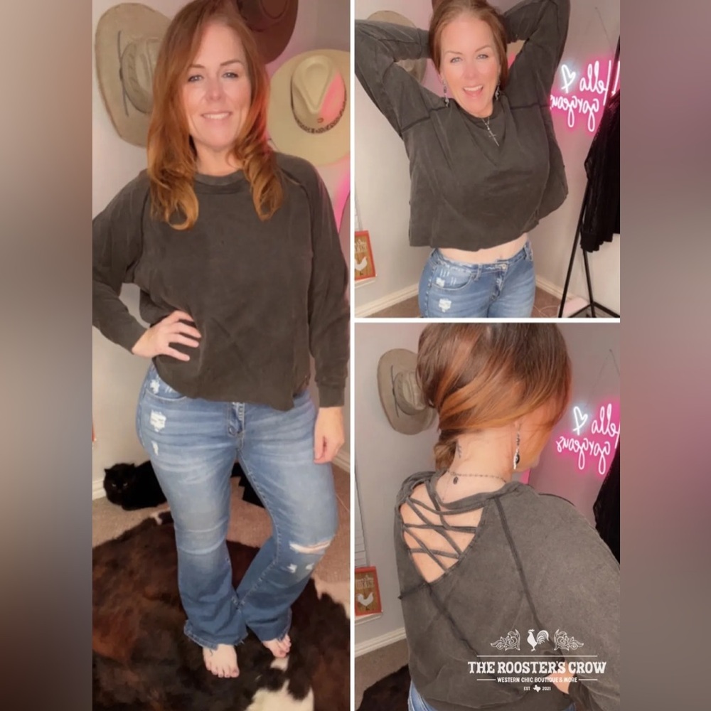 Mineral Wash Black Crop Sweatshirt with Lattice Back